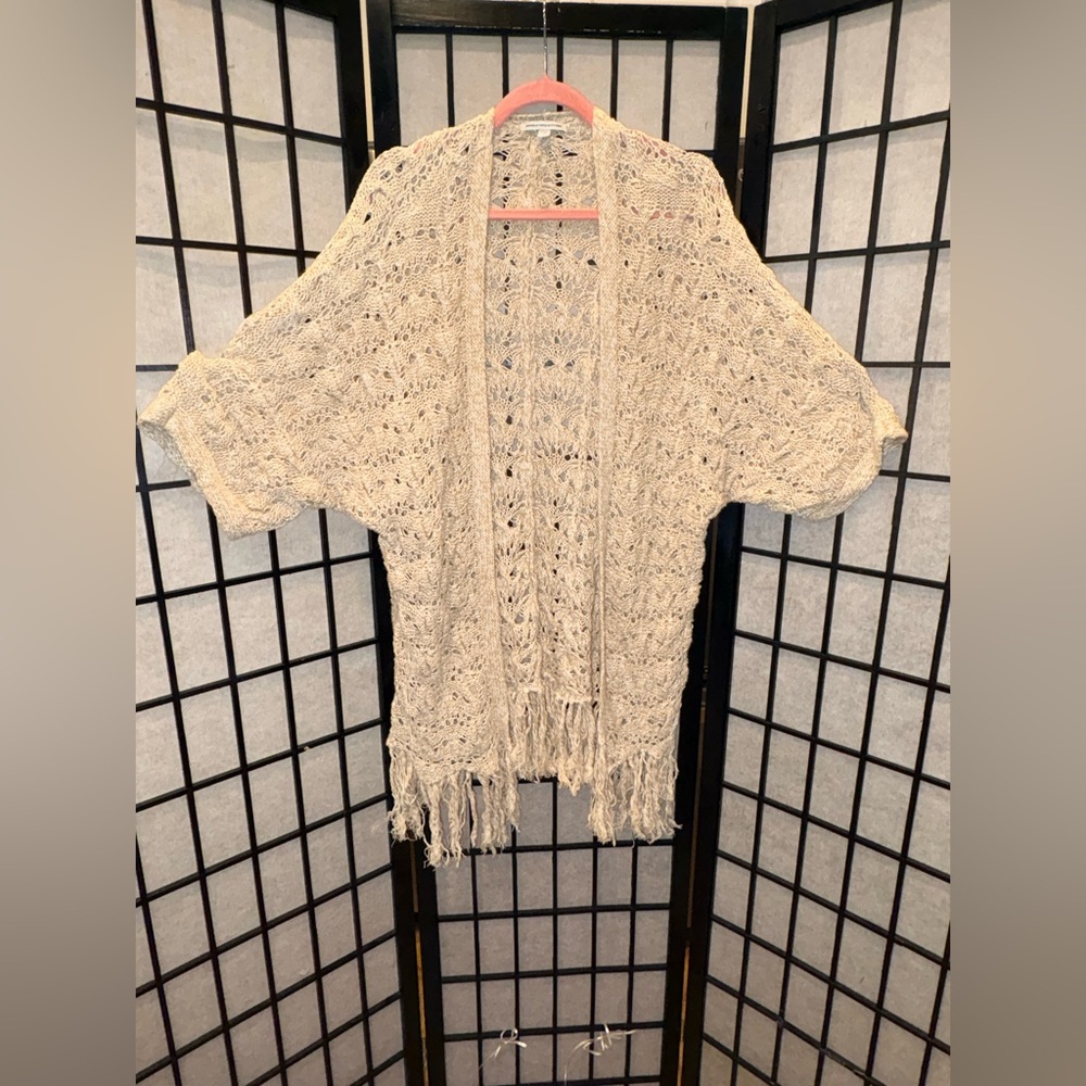 American Eagle Boho Open Knit Fringe Cardigan Cream Tan M